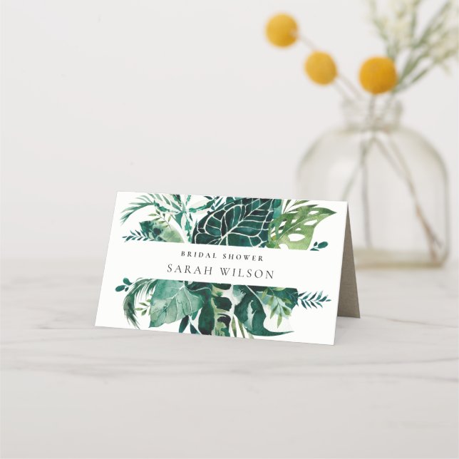 Tarjeta De Asiento Flor tropical Monstera Verde Fauna Leafy Bridal Sh (Anverso)