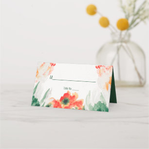 Tarjeta De Asiento Floral acuarela verde bosque, naranja, blanco