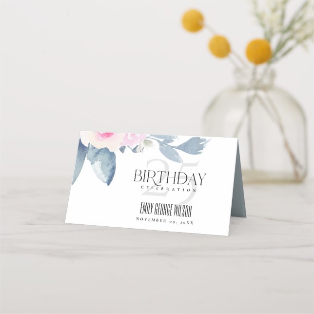 TARJETA DE ASIENTO FLORAL AZUL BLANCO RUBOR 25 CUALQUIER CUMPLEAÑOS (Reverso)