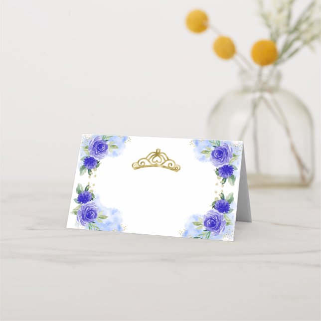 Tarjeta De Asiento Floral azul Tiara Quinceanera (Anverso)