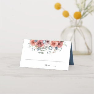 Tarjeta De Asiento Floral azul turbio y Rubor bullicioso, Boda