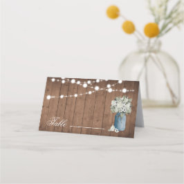 Tarjeta De Asiento Floral blanca Rústica Elegante Luces Boda de mader