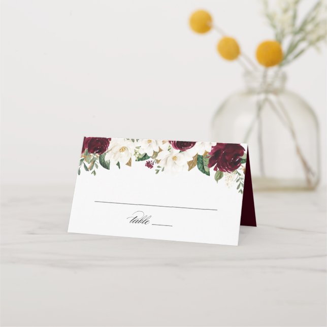Tarjeta De Asiento Floral Borgoña Verde Magnolia Blanca Elegante (Anverso)