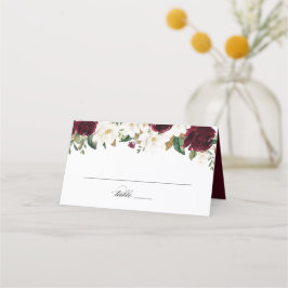 Tarjeta De Asiento Floral Borgoña Verde Magnolia Blanca Elegante