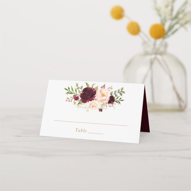 Tarjeta De Asiento Floral Burgundy Rubor Greenery Elegant Place Card (Anverso)