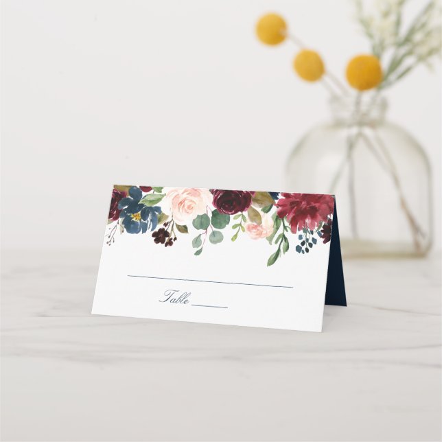 Tarjeta De Asiento Floral Burgundy Rubor Navy Elegant Place Card (Anverso)