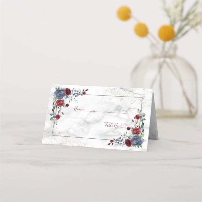 Tarjeta De Asiento Floral de Borgoña Azul turbia y clara (Anverso)