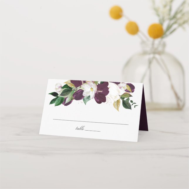 Tarjeta De Asiento Floral de ciruelas oscuras | BODA (Anverso)