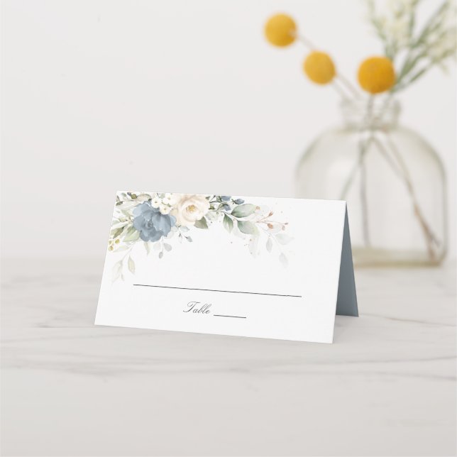 Tarjeta De Asiento Floral Dusty Blue Greenery Elegante Boda (Anverso)