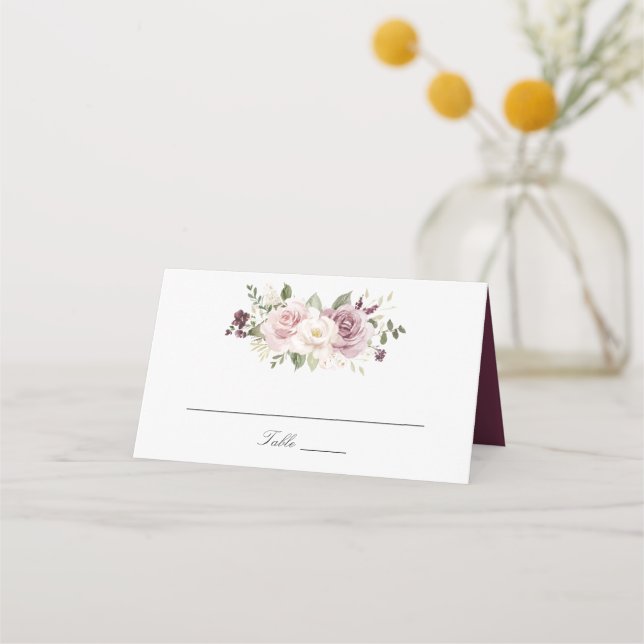 Tarjeta De Asiento Floral Mauve Rubor Verde Blanco Elegante Boda (Anverso)