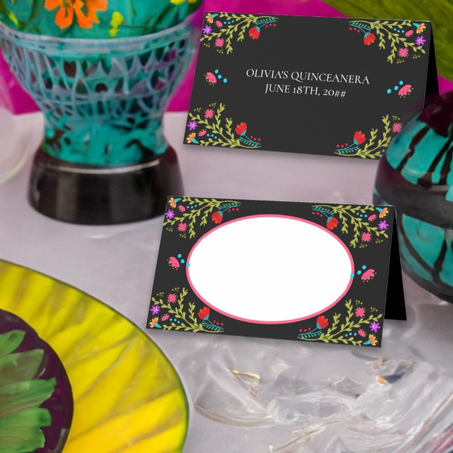 Tarjeta De Asiento Floral mexicana de Fiesta con marco de nombre (Place card with space for guest name, personalized on the back and colorful mexican fiesta flowers)