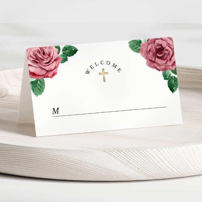 Tarjeta De Asiento Floral Peonies Pink Religiosos Primero Comunión (Floral Pink Peonies Religious First Communion Place Card)