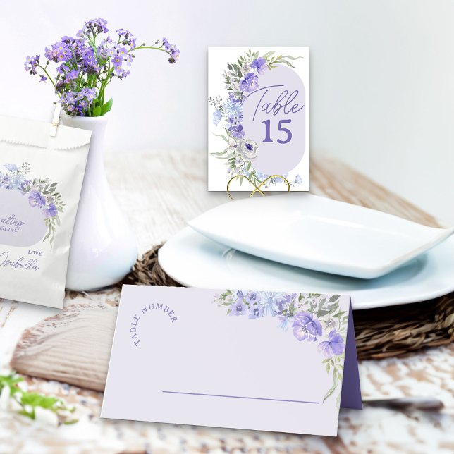 Tarjeta De Asiento Floral peri de lavanda morada (Table place cards in lavender lilac and purple, personalized on the back with floral design)