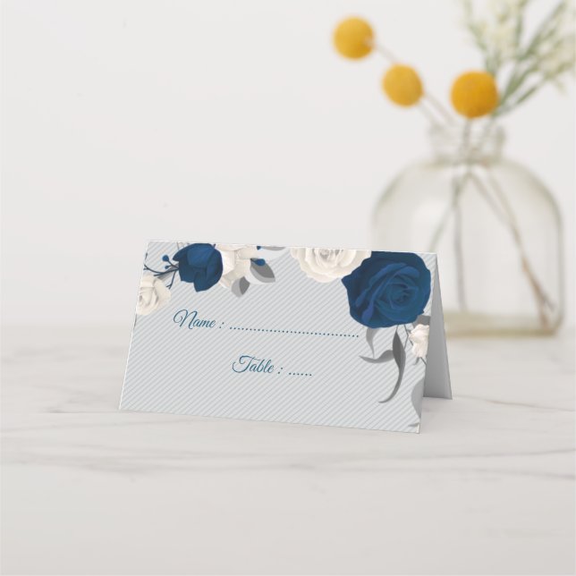 Tarjeta De Asiento flores azul marino y blanco hojas de plata grises (Anverso)