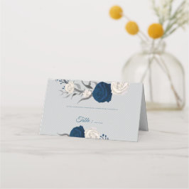 Tarjeta De Asiento flores azul marino y blanco hojas de plata grises