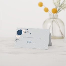 Tarjeta De Asiento flores azul marino y blanco hojas de plata grises