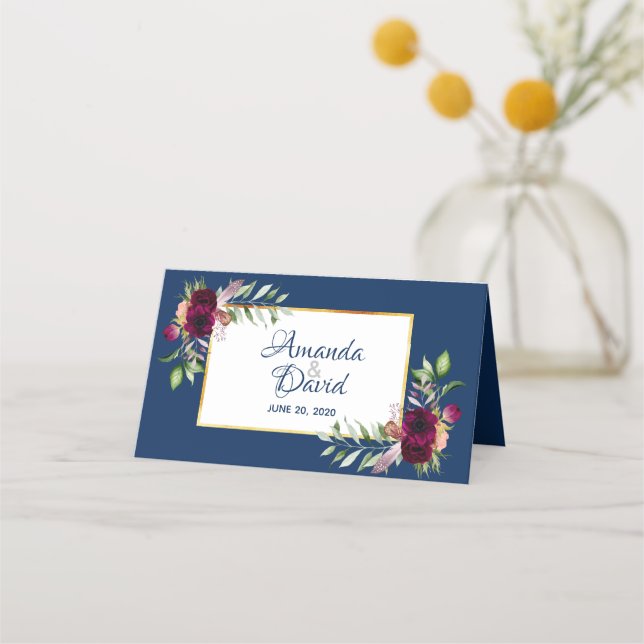 Tarjeta De Asiento Flores azules de la marina burgundy boho boda (Anverso)