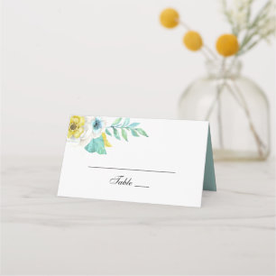 Tarjeta De Asiento Flores azules y amarillas. Boda botánica de menta