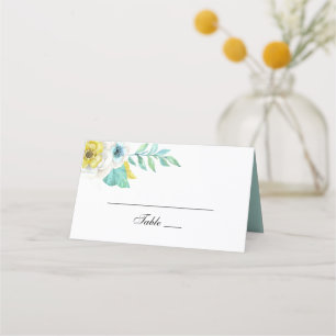 Tarjeta De Asiento Flores azules y amarillas. Boda botánico
