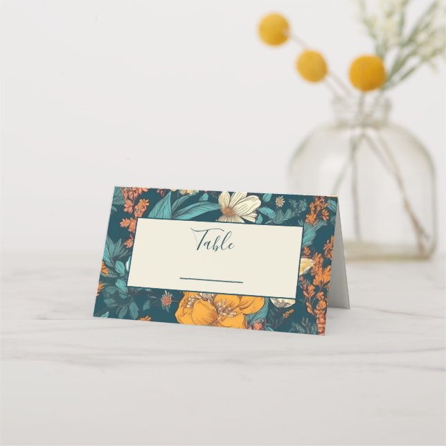 Tarjeta De Asiento Flores azules y amarillas número de tabla boda (Anverso)
