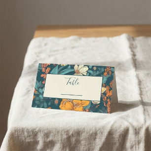 Tarjeta De Asiento Flores azules y amarillas número de tabla boda