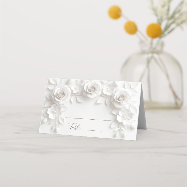 Tarjeta De Asiento Flores blancas 3D arqueadas para boda (Anverso)