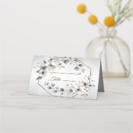 Tarjeta De Asiento Flores blancas acuarela marco dorado hojas plata y