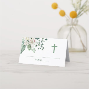 Tarjeta De Asiento Flores blancas Eucalyptus Bautismo
