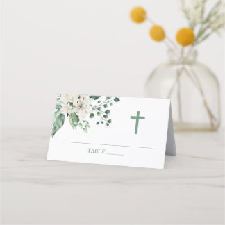 Tarjeta De Asiento Flores blancas Eucalyptus Bautismo