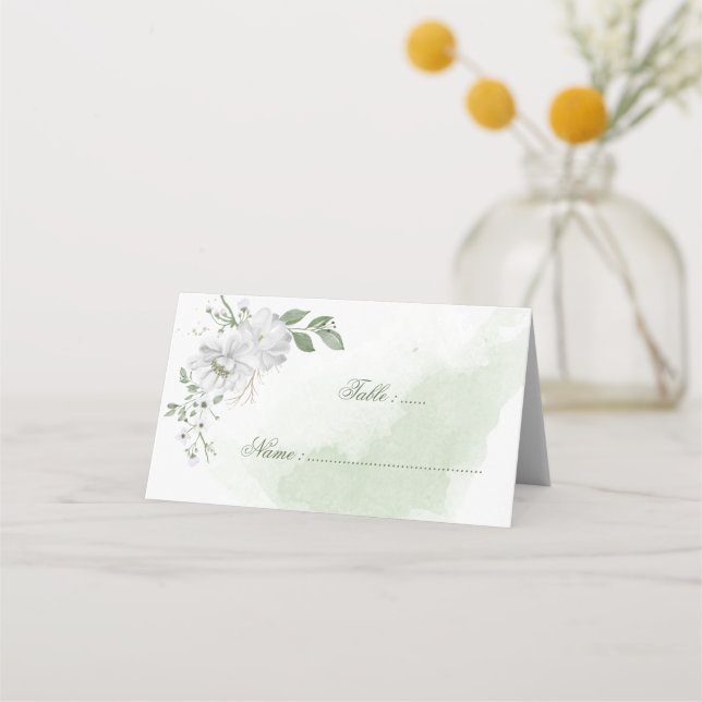 Tarjeta De Asiento flores blancas hojas verdes botánicas (Anverso)