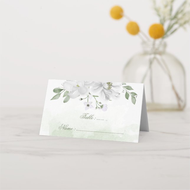 Tarjeta De Asiento flores blancas hojas verdes botánicas (Anverso)