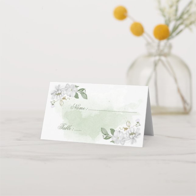 Tarjeta De Asiento flores blancas hojas verdes botánico (Anverso)