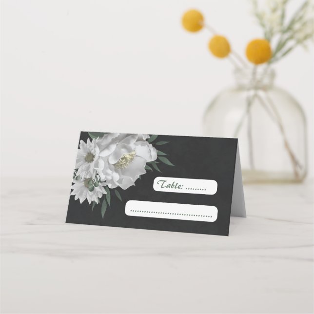 Tarjeta De Asiento flores blancas románticas negro botánico (Anverso)