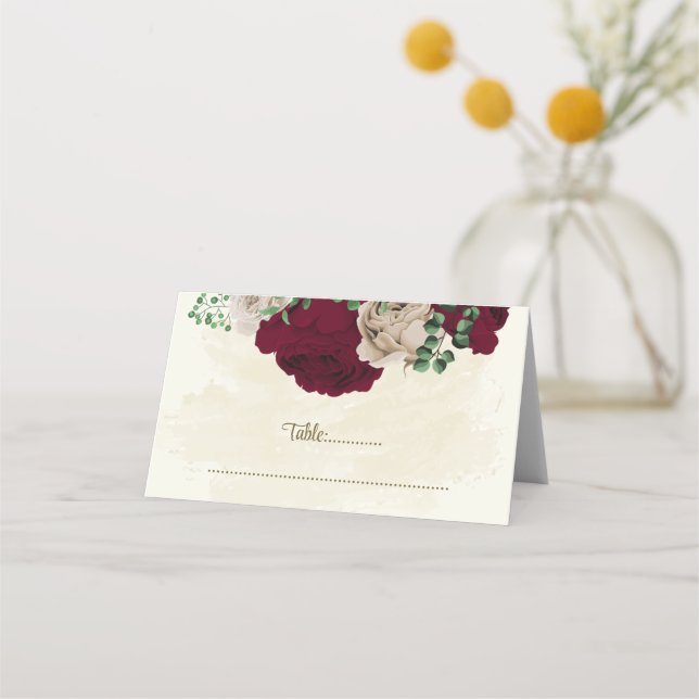 Tarjeta De Asiento flores botánicas de champán de Borgoña boda (Anverso)