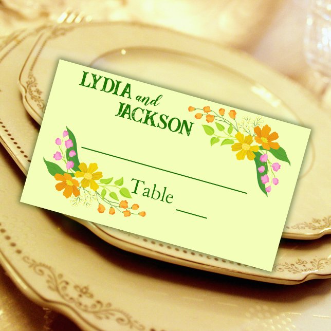 Tarjeta De Asiento Flores brillantes en Boda amarillo pálido (Subido por el creador)