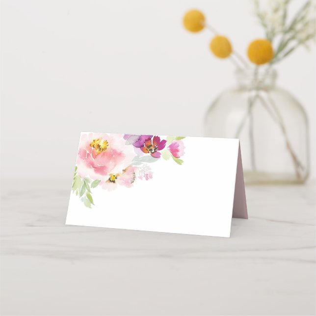 Tarjeta De Asiento Flores de acuarela rosa pastel y púrpura (Anverso)