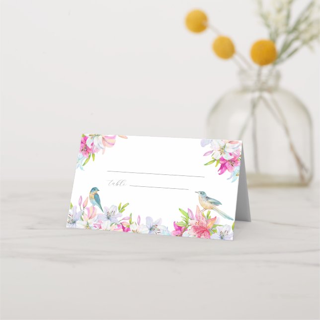 Tarjeta De Asiento Flores de bodas, lirios y pájaros acuarela (Anverso)
