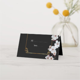 Tarjeta De Asiento Flores de cerezo blanco y marco dorado