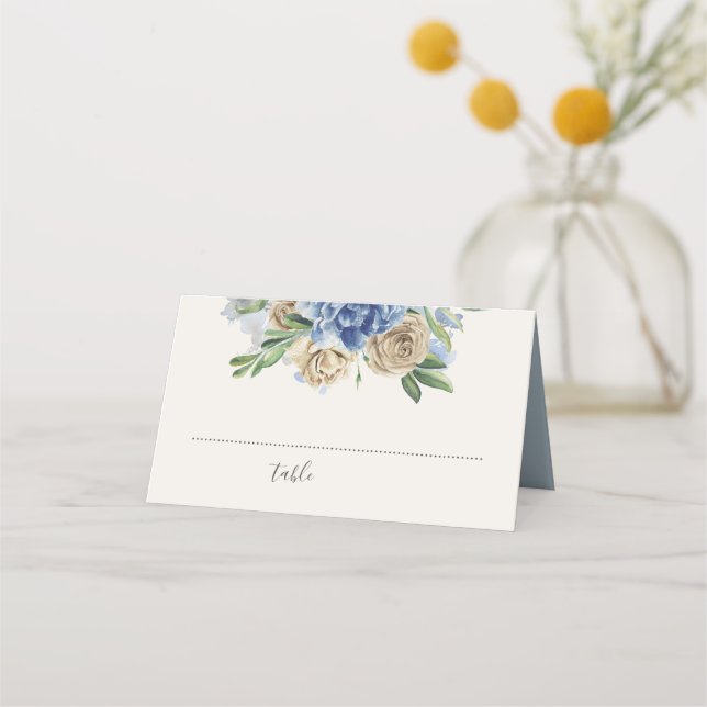 Tarjeta De Asiento Flores de marfil y azul turbio acuarela (Anverso)