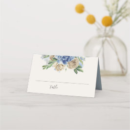 Tarjeta De Asiento Flores de marfil y azul turbio acuarela