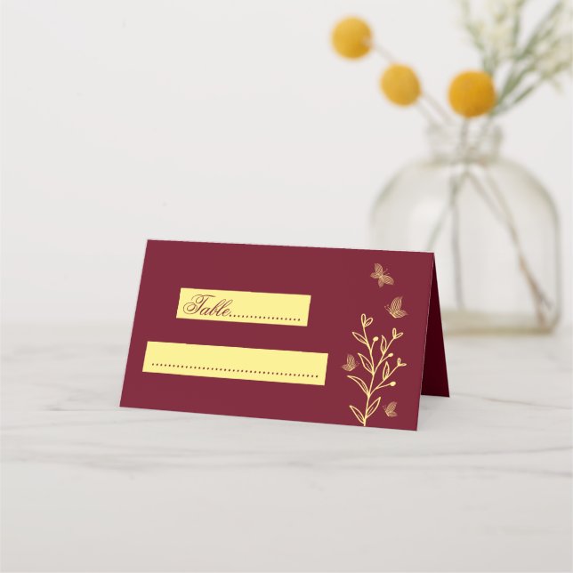 Tarjeta De Asiento Flores de oro simples boda burgundy (Anverso)