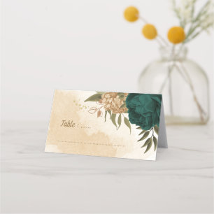 Tarjeta De Asiento flores de oro verde esmeralda y beige