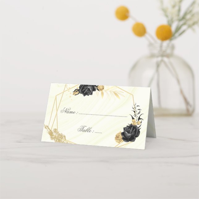 Tarjeta De Asiento flores de oro y negro elegantes geométricas (Anverso)