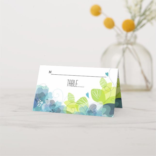 Tarjeta De Asiento Flores etéreas verde azuladas florales boda tarjet (Anverso)