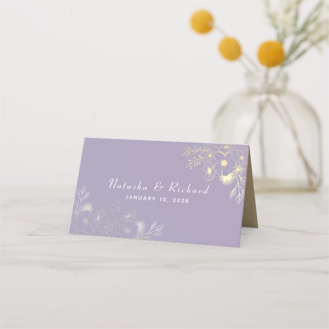 Tarjeta De Asiento Flores Moradas Elegante Boda (Reverso)
