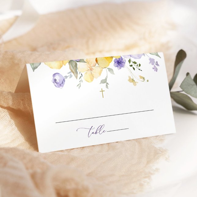 Tarjeta De Asiento Flores Moradas, Flores Amarillas, Boho, Bautizo (Subido por el creador)