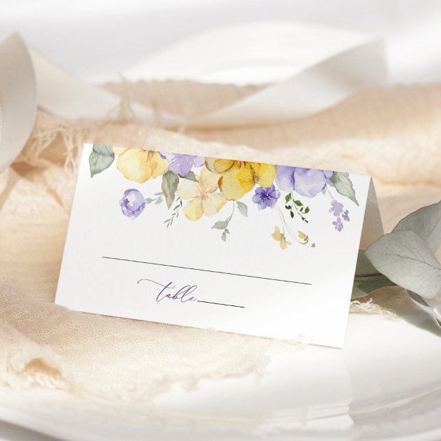 Tarjeta De Asiento Flores Moradas, Flores Amarillas, Verdor, Boda (Subido por el creador)