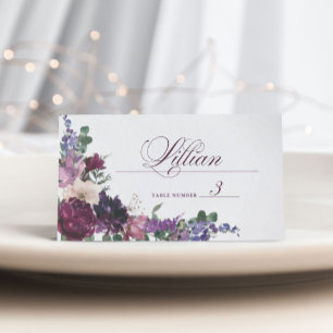 Tarjeta De Asiento Flores púrpura exuberantes Boda romántico