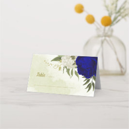 Tarjeta De Asiento flores reales azules blancas hojas verdes boda