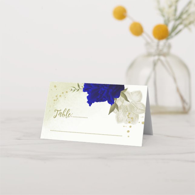 Tarjeta De Asiento flores reales azules blancas hojas verdes boda (Anverso)